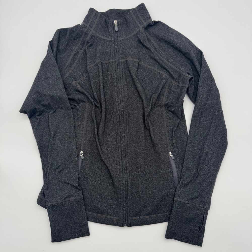 GapFit Womens Gray Heathered Full Zip Athletic Training Jacket Thumbholes Large